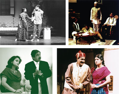 (Clockwise from top left) Divya Jain and Amit Garg in Dharamvir Bharti’s “Suuraj Kaa Saatwaan Ghodaa” (Feb 2003), adapted for the stage by Vipul Srivastava; Rajiv Nema and Pritha Chatterjee in Vasant Kanetkar’s “Kasturi Mrig” (Dec 2003); Brajesh Upadhyay, Aniruddha Bhosekar, Amit Nanavati and Abhijit Chakankar in Sujit Saraf’s “Vande Maataram” (Aug 1998) and Anshu Johri and Sujit Saraf in Vijay Tendulkar’s “Khaamosh! Adaalat Jaarii Hai” (Nov 2002)